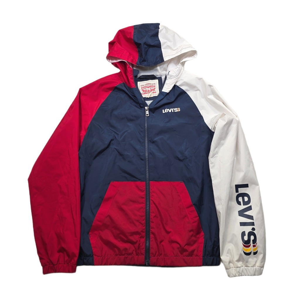 Levi's Windbreaker Jacket Kids Large 12-13 Red Navy White Color Block Hooded‎